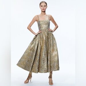 Alice + Olivia Fay Gold Midi Dress Tea Length Ball Gown Black Tie Wedding NEW 2